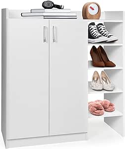 Giantex Shoe Cabinet, Freestanding Shoe Rack Storage Organizer with 5-Postition Adjustable Shelves, 2-Door Storage Cabinet with 5 Open Compartments for Entryway Hallway Living Room (White)