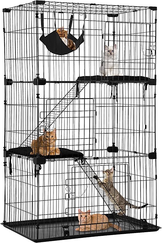 Cat Cage Cat Crate Cat Kennel Cat Playpen with Free Hammock 3 Cat Bed 3 Front Doors 2 Ramp Ladders Perching Shelves,67 inches