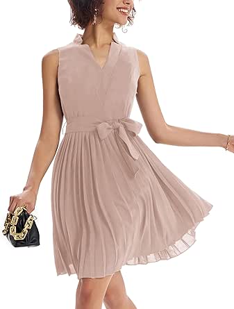 GRACE KARIN Women Elegant Pleated Swing Dress Solid Sleeveless V-Neck Work Dress