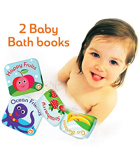 Floating Kids Books for Bathtub (Set of 2) by Baby Bibi. Fruits & Sea Animals. Waterproof Educational Toy for Baby or Toddler. Bath Time Learn & Play. 3.5”x3.5”