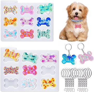 LET'S RESIN Pet Tag Resin Molds Silicone For Cat Dog | Epoxy Resin & UV Resin Bone Shape Keychain Molds with 10Pcs Key Ring & 10pcs Jump Ring, DIY Keychain Pendant Charm Crafts