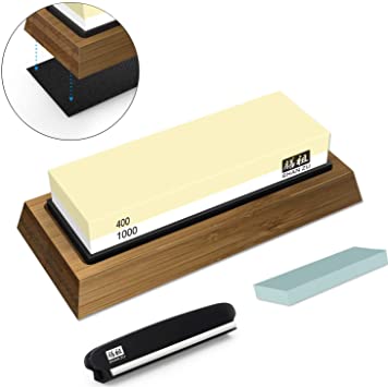 Whetstone Knife Sharpening Stone Set, Premium 2-Sided Whetstone Sharpener 400/1000 Grit Whetstone Kit with Flattening Stone,Non-Slip Bamboo Base and Angle Guide for Chef Knife, Kitchen Knife