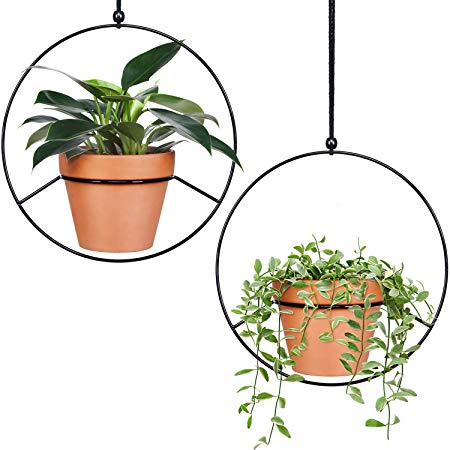 Mkono 2 Pcs Metal Round Hanging Planter Modern Plant Hangers Mid Century Flower Pot Holder Home Decor, Fits 6 Inch Pot, Black (Pot NOT Included)