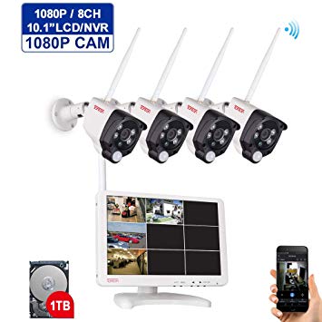 Tonton All-in-One Full HD 1080P Security Camera System Wireless, 8CH WiFi NVR with 10.1" IPS Monitor, 1TB HDD and 4PCS 1080P 2.0 MP Waterproof Outdoor Bullet Cameras with PIR Sensor, Audio Recording