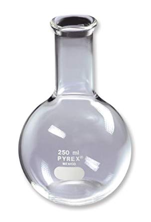 Corning Pyrex Borosilicate Glass Flat Bottom Boiling Flask, 250mL Capacity