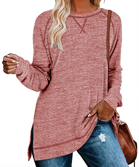 Aokosor Women's Long Sleeve Loose Casual Fall Pullover Side Split Tunic Tops