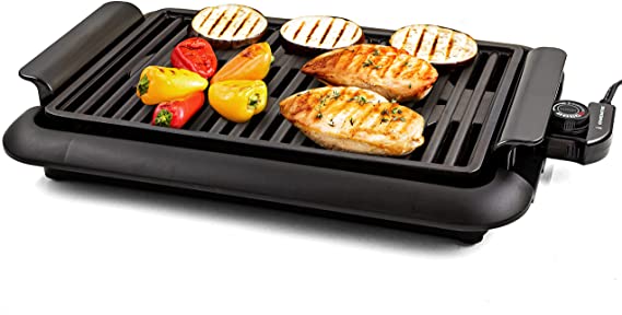 Ovente Electric Indoor Grill with 15 x 10-inch Non-Stick Cooking Plate, Dishwasher-Safe Base and Removable Drip Tray, Adjustable Temperature Knob, Black GD1510NLB