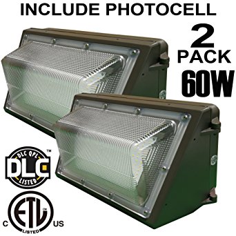 LED Wall Pack Light with Photocell,60W 6600lm, 2Pack,100-277V 5000K Daylight DLC cETLus-listed 2500-450W MH/HPS replacement, Outdoor/Entrance(5-Year Warranty) LPK 60W 2PK(5000K)