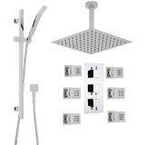 Hudson Reed Square Thermostatic Rain Style Shower System Faucet Unit - 3 Outlet Set - 12 Easy Clean Overhead Rail Kit Handspray and 6 Massage Body Jets - Anti Scald Feature - Chrome Finish