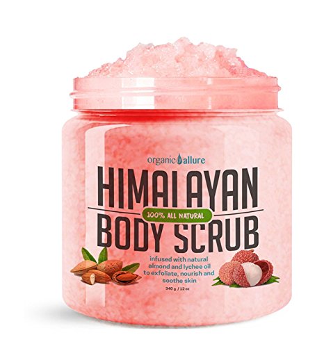 Himalayan Salt Body Scrub from Organic Allure With Lychee Essential Oil - All Natural Moisturizing Scrub For Exfoliation & Promotes Glowing Radiant Skin