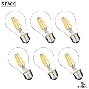 LytheLED™ (6-PACK) LED A19 Vintage Filament Bulb, 8W (75W Replacement) 2700K Warm White, 800 Lumens, (E26) Medium Base, Dimmable, UL-Listed