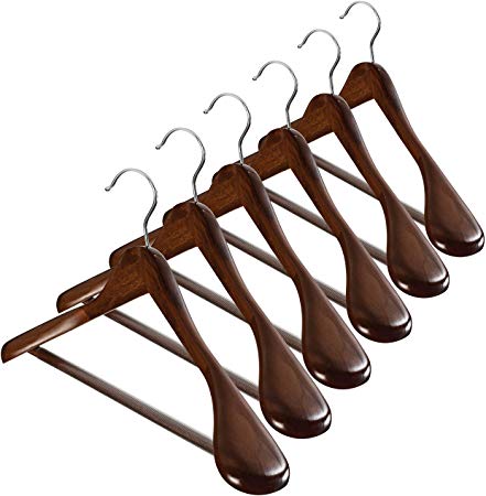 High-Grade Wide Shoulder Wooden Hangers 10 Pack with Non Slip Pants Bar - Smooth Finish Solid Wood Suit Hanger Coat Hanger, Holds upto 20lbs, 360° Swivel Hook, for Dress, Jacket, Heavy Clothes Hangers