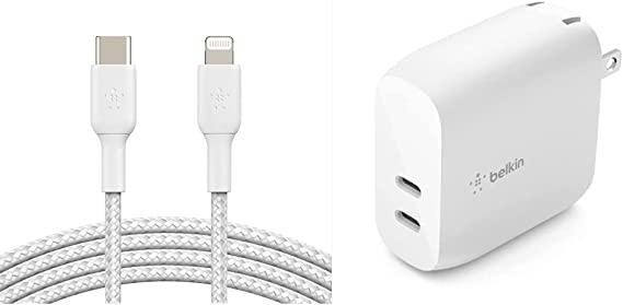 Belkin BoostCharge Nylon Braided USB C to Lightning Cable 3.3ft/1M - MFi Certified 18W Power & 40W Dual Port USB C Wall Charger - USB Type C Charger Fast Charging for iPhone 14, 14 Pro