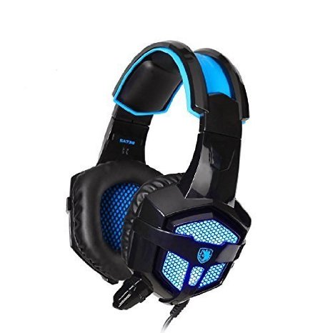 Sades SA738 Stereo Over Ear Gaming Headset Blue Led Lighting PU Ear-pad USB 3.5mm Headphone with Mic for PC Gamer Tablet Laptops Mobile Phone MP3 MP4(Blackblue)