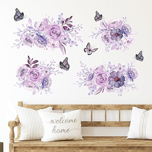 6 Pieces Flowers Wall Decals Vinyl Dragonflies Flowers Wall Stickers Removable Floral Wall Murals Peel and Stick Colorful Flower Wall Decor for Girls Bedroom Living Room Nursery (Flower and Butterfly)