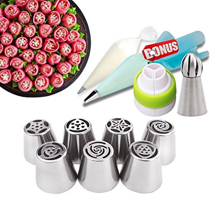 Russian Piping Tips set - the ONLY KIT of Cake Decorating Supplies with BONUS Spehere Piping Tip, Silicone Icing bag and x10 Disposable Pastry Bags. Professional Russian Cake Decorating Tips Nozzles