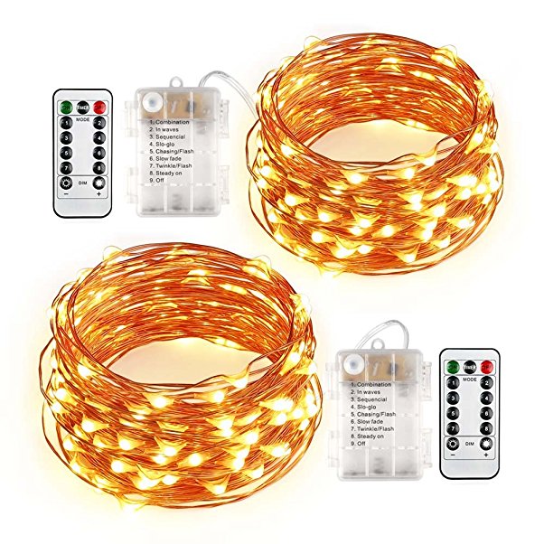 Qedertek 2 Set Battery Operated Starry String Lights, 20ft 60 LED 8 Modes Dimmable Fairy Lights with Remote Control, Waterproof Copper Wire Lights for Seasonal Holiday Decorations(Warm White)