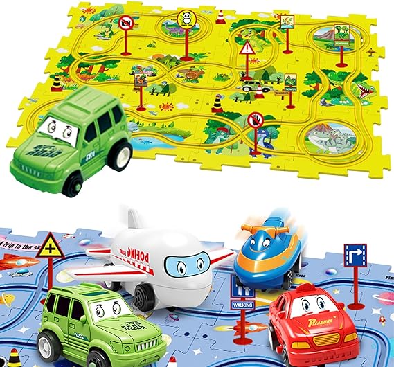 Children's Educational Puzzle Track Car Play Set - DIY Puzzle Tracks with Vehicles, Puzzle Track Play with Vehicles Puzzle Car Tracks for Kids (25PC, Dinasour)