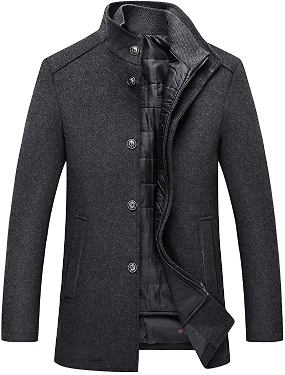 YOUTHUP Men's Coats Stand Collar Winter Wool Peacoat Thick Casual Trench Coat (Jacket*1 & Gilet*1)