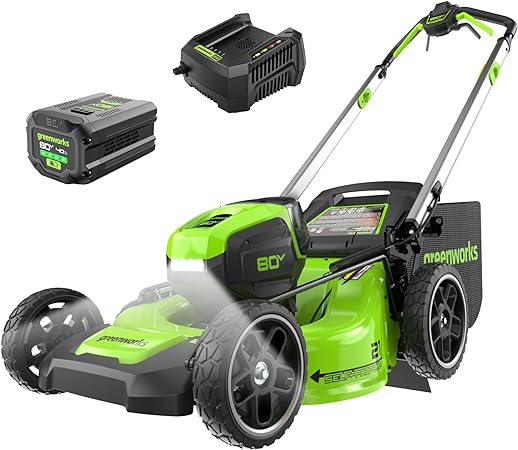 Greemworks 80V 21" Brushless Cordless (Self-Propelled) Lawn Mower (LED Headlight   Aluminum Handles), 4.0Ah Battery and Rapid Charger Included (75  Compatible Tools)