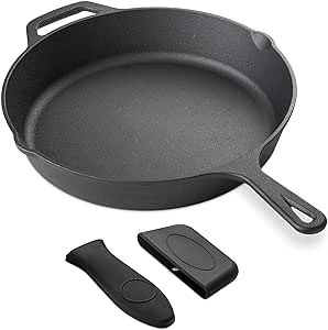 Navaris Sartén de hierro fundido - Cast iron skillet curado con doble mango y 2x protector de silicona - Sartén 30 CM inducción horno plancha gas