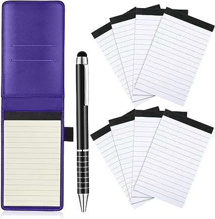 Outus 10 Pieces Mini Pocket Notepad Holder Set, Included Mini Pocket Notepad Holder with 50 Lined Sheets, Metal Pen and 8 Pieces 3 x 5 Inch Memo Book Refills, 30 Lined Paper Per Note (Purple)