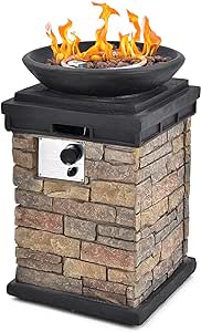 Giantex Propane Firebowl Column, 40,000 BTU Outdoor Gas Fire Pit, Compact Ledgestone Firepit Table with Lava Rocks and Rain Cover