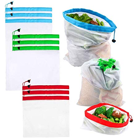 RAVCON 9 PCS Reusable Premium Eco-Friendly Mesh Produce Bags, Washable Breathable Transparent Mesh Produce Bags Fit Shopping/Storage/Collection, Red, Blue, Green