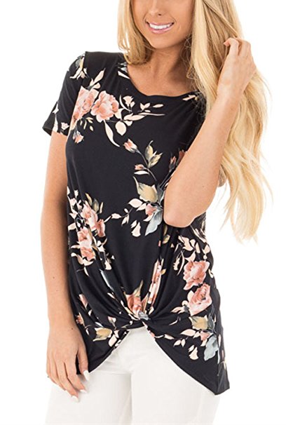 Dokotoo Womens Summer Casual Short Sleeve Floral Knot Blouse Tops for Juniors Shirts