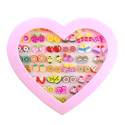 Unijew 36 Pairs Stud Earrings Hypoallergenic Kids Jewelry Fruit Cake Mixed for Girl Women with Gift Box