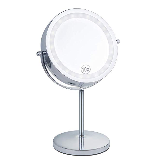 Benbilry Lighted Makeup Mirror - LED Double Sided 1x/10x Magnification Round Standing Cosmetic Mirror,7 Inch Diameter Battery-Powered 360 Degree Swivel Rotation Vanity Mirror with On/Off Push-Button