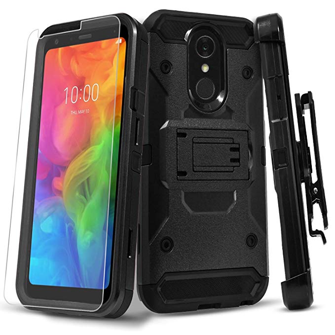 LG Q7 Plus Case, LG Q7 Case, with [Tempered Glass Screen Protector] Full Coverage Heavy Duty [Tank Armor] Dual Layers Phone Cover with Kickstand and Locking Belt Clip Compatible LG Q7/Q7 Plus-Black