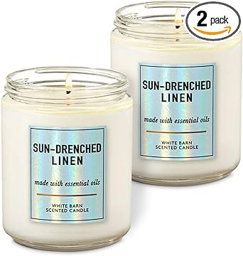 Bath & Body Works White Barn Sun Drenched Linen Single Wick Scented Candle with Essential Oils 7 oz / 198 g each Pack of 2