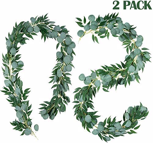 Meiliy 2pcs Artificial Eucalyptus Willow Garland Faux Eucalyptus Silver Dollar Leaves Willow Leaves Vines for Home Table Runner Wedding Decor