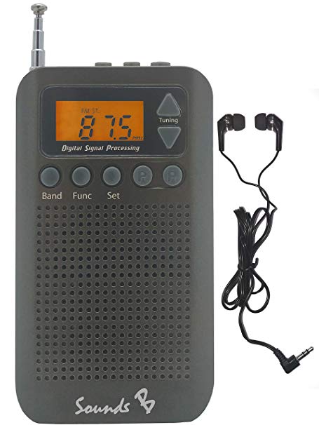 Digital AM/FM Portable Pocket Radio with Alarm Clock and Sleep Timer, Digital Tuning Stereo Mini with 3.5mm Headphone Jack (Retail Packaging) by SoundsB (with Headphones)