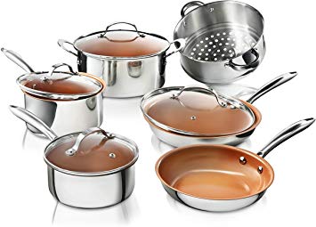 Gotham Steel Stainless Steel 10 Piece Pro Chef Cookware Set, Premium Copper Nonstick Pots and Pans – Tri-Ply Bonded, Coated with Titanium and Ceramic Surface for the Ultimate Release – Dishwasher Safe