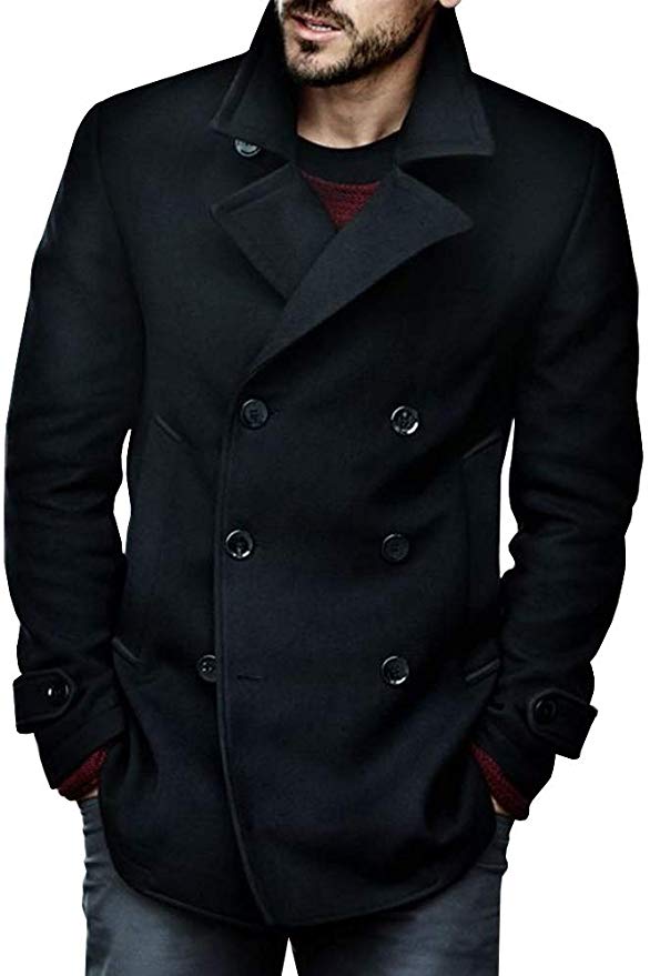 Makkrom Mens Lightweight Pea Coat Thin Slim Fit Double Breasted Cotton Half Fall Trench Coat