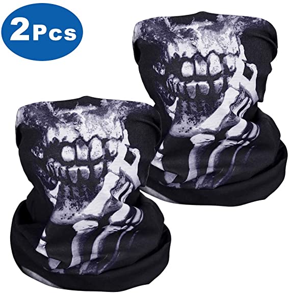 WOVTE 2 Pack Skull Headwear Seamless Motorcycle Bandanas Black