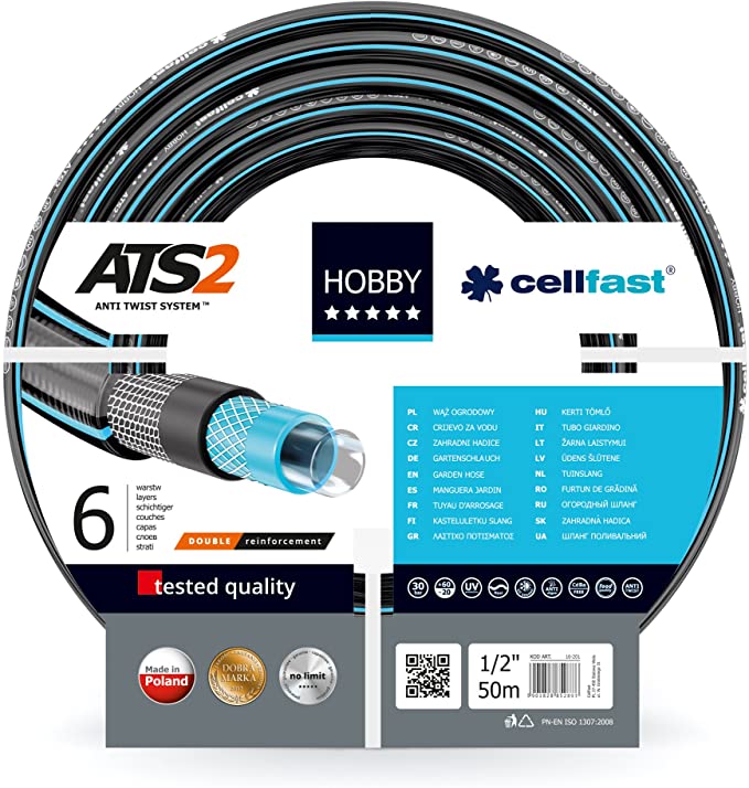 Cellfast Garden Hose HOBBY ATS2™ 1/2'' 50m, Flexible 6-layer Hose, Double Braid with Cross and Tricot Fabric, 30 Bar Burst Pressure, 16-201
