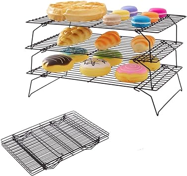 Somine 3-Tier Cooling Rack for Baking Non-Stick Stackable Baking Wire Racks Collapsible Cooling Trays for Bread Cake, Biscuits, Cakes & Pastries - 40 * 25 * 22cm