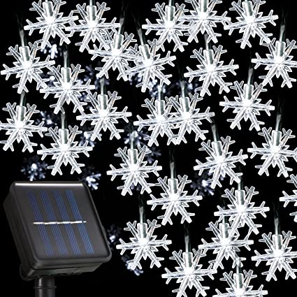 30 LED Solar Snowflake Lights Christmas String Lights 21.3 Feet Waterproof 8 Modes Solar Powered Fairy Lights for Wedding Party Garden Bedroom Outdoor Indoor Christmas Decoration (White Light)