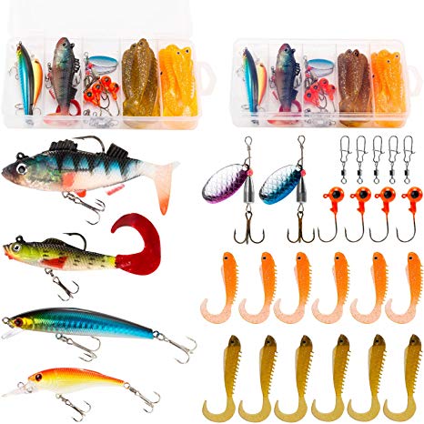 PLUSINNO Fishing Lures Baits Tackle Including Crankbaits, Spinnerbaits, Plastic Worms, Jigs, Topwater Lures, Tackle Box and More Fishing Gear Lures Kit Set, 102Pcs Fishing Lure