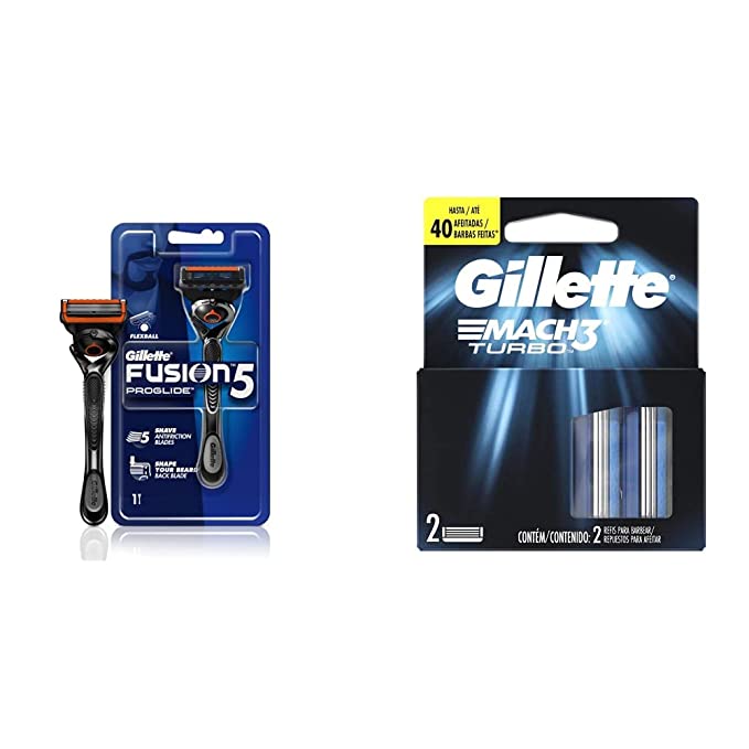 Gillette Fusion Proglide Razor for Men for Perfect Shave and Perfect Beard Shape & Gillette Mach3 Turbo Manual Shaving Razor Blades - 2s Pack (Cartridge)