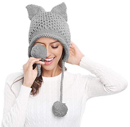 Bellady Winter Cute Cat Ears Knit Hat Ear Flap Crochet Beanie Hat