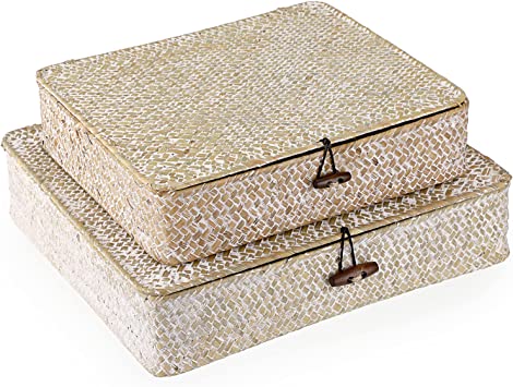 Hipiwe Set of 2 Flat Woven Wicker Storage Bins with Lid Natural Seagrass Basket Boxes Multipurpose Home Organizer Bins Boxes for Shelf Organizer (Whitewash)