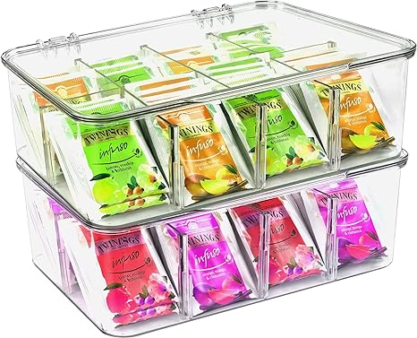 Utopia Home 2 Pack Tea Bag Organizer - Stackable Tea Bag Storage Organizer with Clear Top Lid - Tea bag holder For Counter tops, Kitchen Cabinets, Pantry, Sweeteners (Clear)