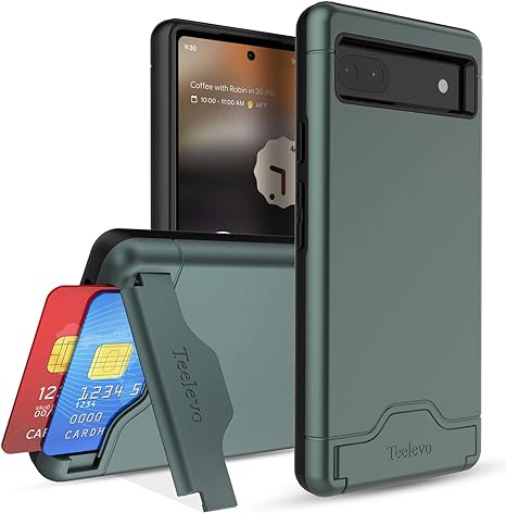 Teelevo Wallet Case for Google Pixel 6a, Dual Layer Case with Card Slot Holder and Kickstand for Google Pixel 6a - Dark Green