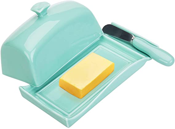 MyGift Aqua Ceramic East and West Coast Butter Dish with Cover and Knife Spreader Set
