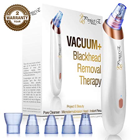 Project E Beauty Vacuum Blackhead Remover Extractor Facial Acne Whitehead Pimple Pore Nose Face Cleanser Tool Device USB Rechargeable 3 Adjustable Suction Power & 5 Replacement Probes for Men & Women