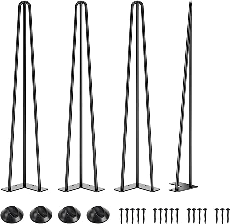 SMARTSTANDARD Hairpin Table Legs 28 Inch, 1/2'' in Diameter 3 Rods, Metal Home DIY Projects for Nightstand, Coffee Table, Dresser with Rubber Floor Protectors, Black, 4PCS